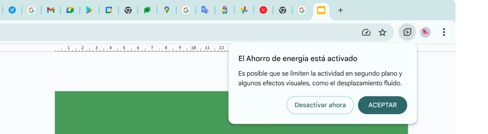Un cursor hizo clic en el ícono de Ahorro de energía, lo que explica que la actividad en segundo plano y algunos efectos visuales se limitaron para ahorrar memoria.