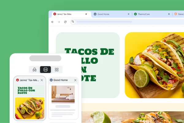 Se muestra el mismo sitio web de recetas en diferentes dispositivos para demostrar cómo encontrar una pestaña en cualquier lugar en el que accedas a Chrome.