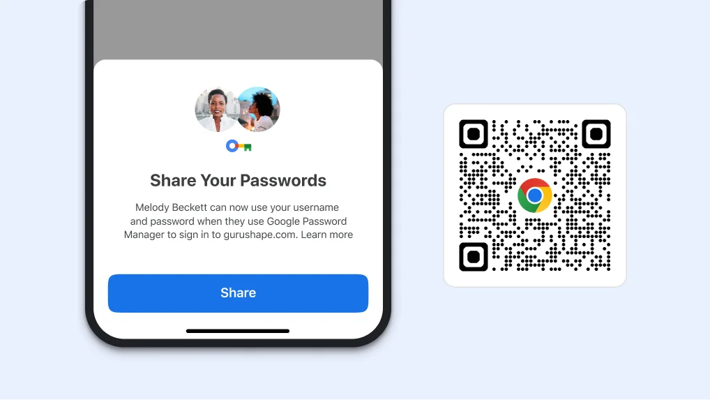 A module in Chrome that allows you to share passwords. Next to the module, is a QR code that can be used to download Chrome.